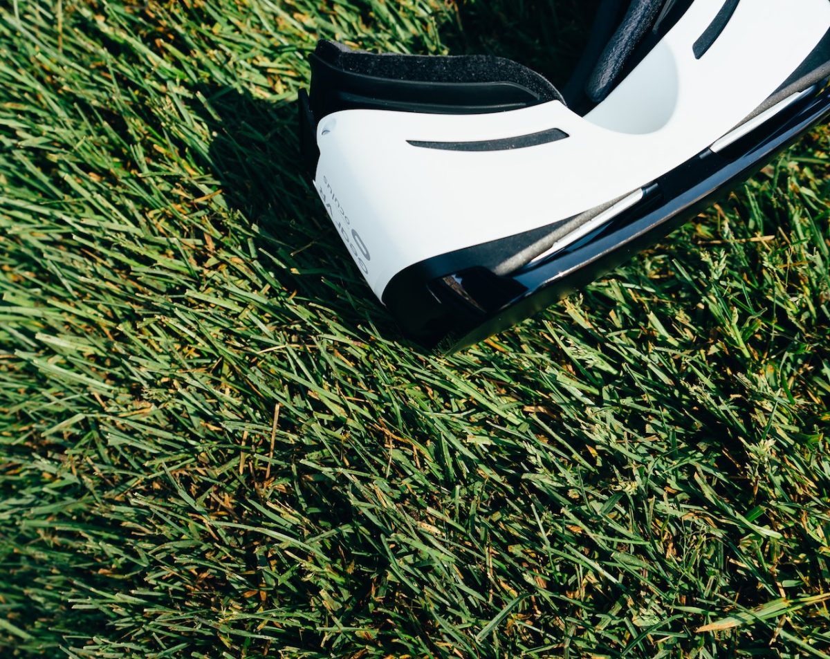 a virtual reality headset on the grass