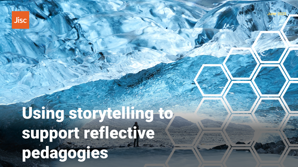 Slide with decorative image of glacier and teh text "Using storytelling to support reflective pedagogies"
