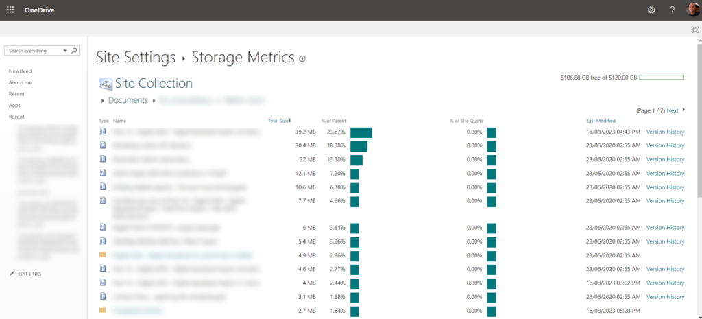 Screengrab showing the content of a folder in OneDrive Storage Metrics page. 
