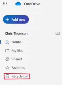 Screengrab of the menu in OneDrive's browser version with the recycle bin highlighted.