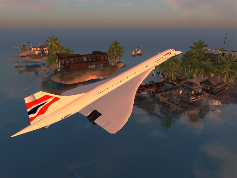 Picture of a Second Life landscape with a plane flying over an island