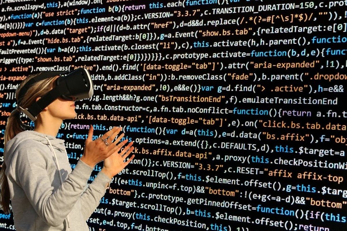 Stramge picture of a woman wearing a VR headset and there's a wall of code behind her.