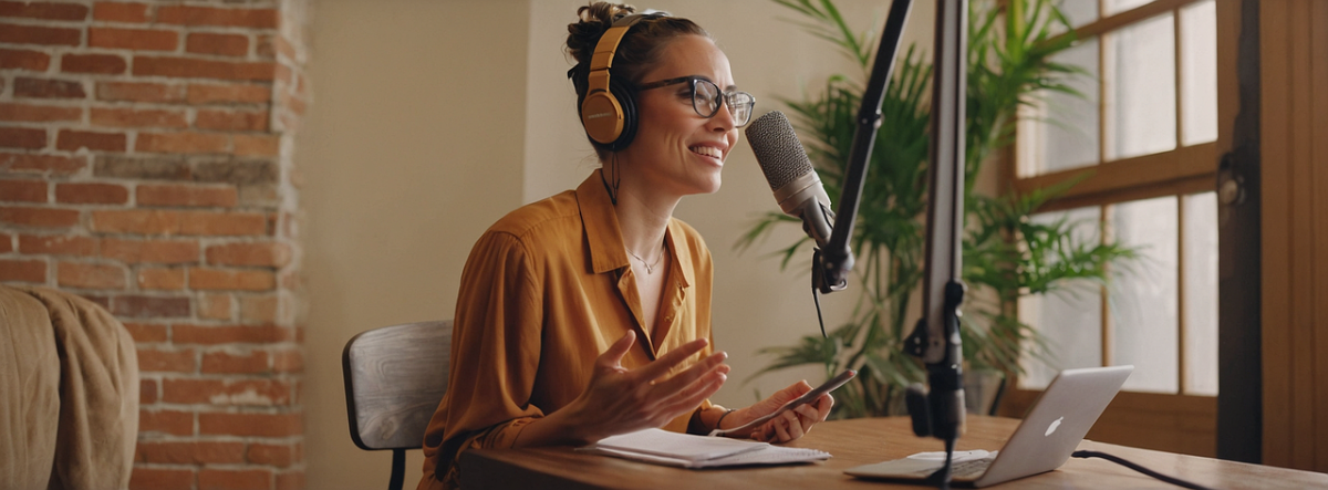 Smiling woman with headphones and podcast mic
